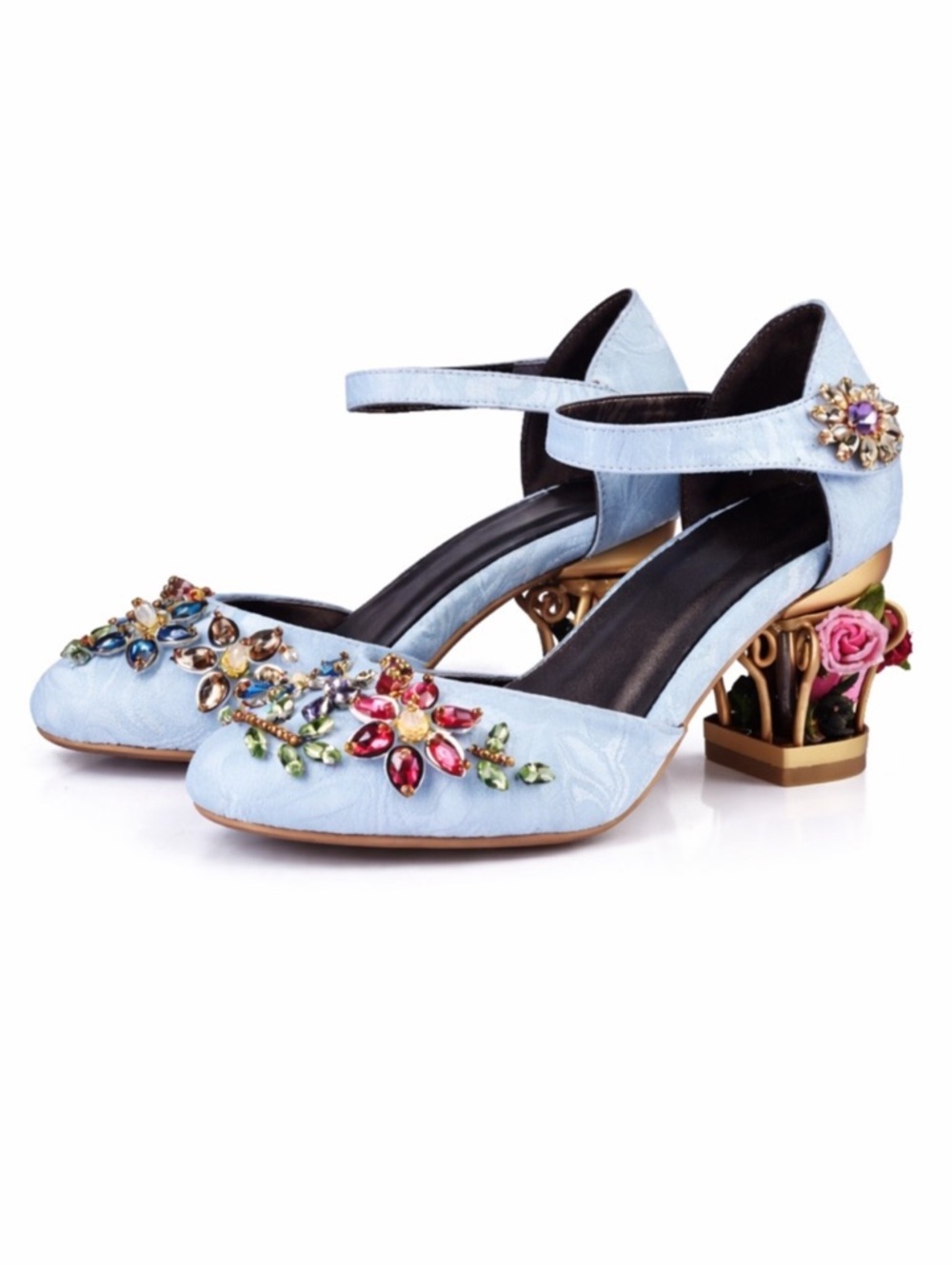Handmade Blue Brocade Crystal Cage Shoes - Picture 2 of 9